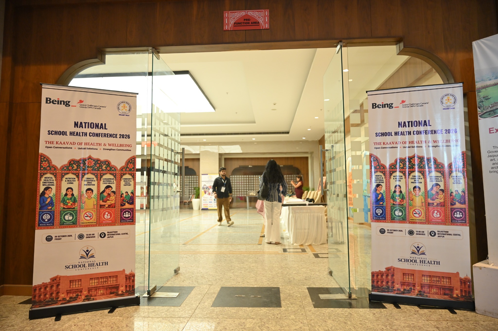 Entrance view of the exhibition area at the Third National School Health Conference 2026, Rajasthan International Centre, Jaipur.